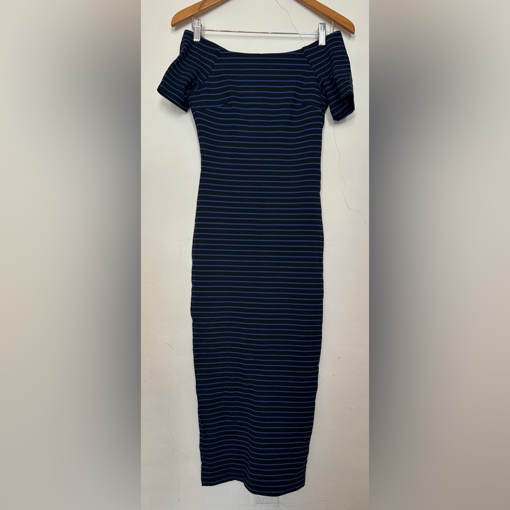 Rony Kobk off the shoulder knit stripe midi dress